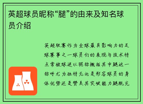 英超球员昵称“腿”的由来及知名球员介绍