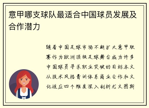 意甲哪支球队最适合中国球员发展及合作潜力